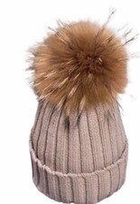 Winter Womens Stretch Knit Beanie Hat Faux Fur Pom Pom Beige Warm Ribbed Fold