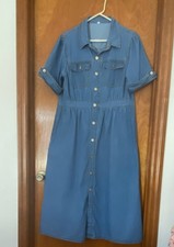 Blue Denim Shirt Dress Midi Button Down Short Sleeve Pockets Size L Women