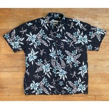 Vintage Mens Hawaiian Shirt Size Large 1990s Black Floral Palm Leaf Print