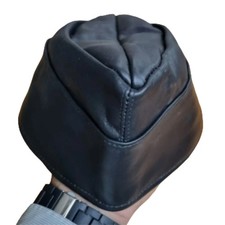 Real Leather Black Military Triangle Style Peaked Cap Army Uniform Hat All Black