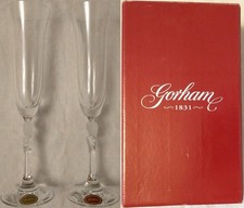 2 Gorham 1831 Amore Toasting Flutes in original Burgundy Gift Box. Heart on stem