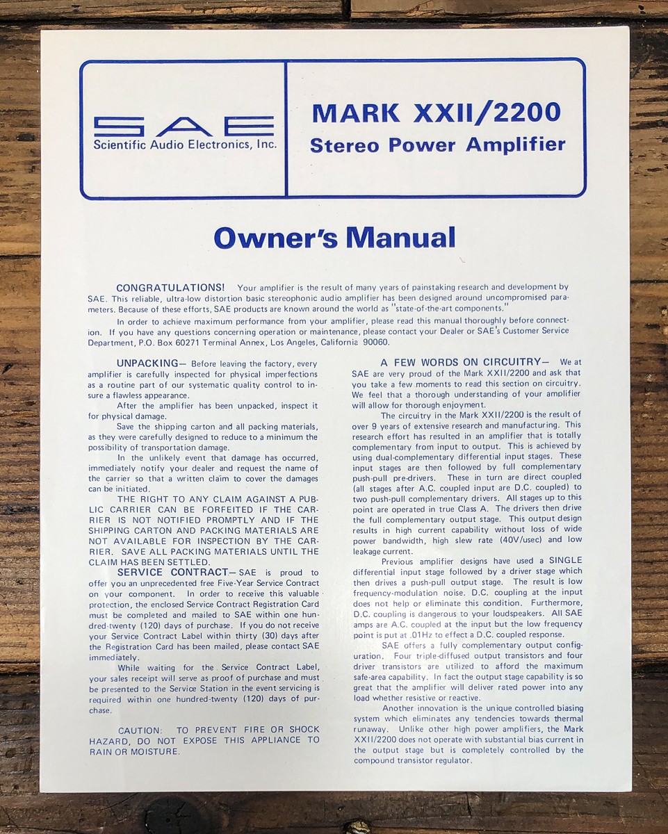 SAE Model XXII 2200 Amplifier Owners / User Manual *Original*