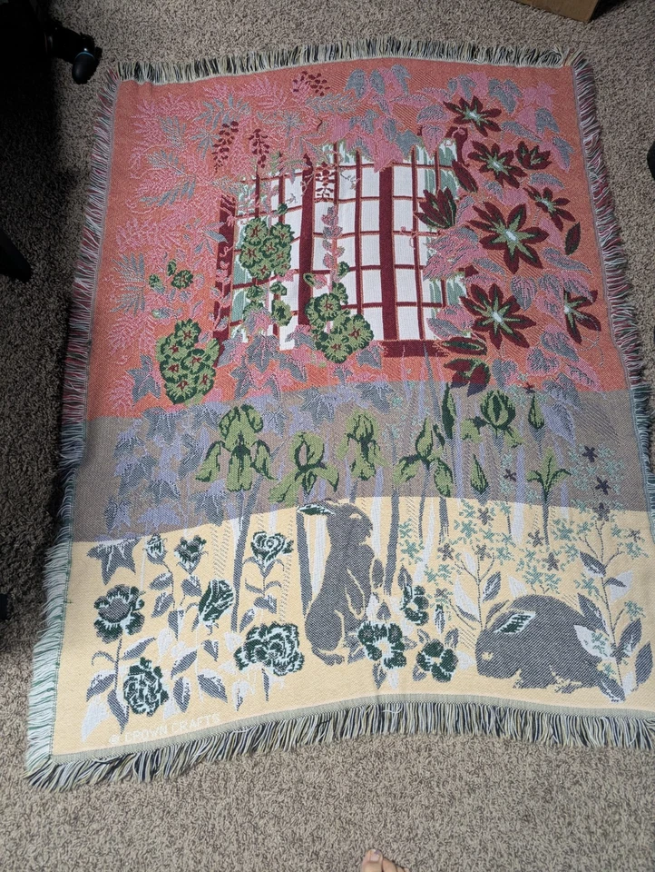 Woven Tapestry Throw By Crown Craft Rabbit Spring Garden Flowers 46"X60" - Image 4 of 4