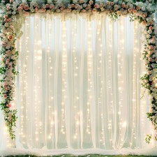 10ft x 10ft Ivory Tulle Photo Backdrop Curtain with Lights String for Parties...