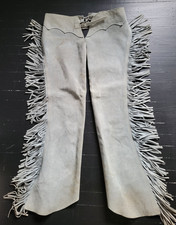 VINTAGE BLUE GRAY GENUINE SUEDE FRINGED WESTERN BIKER WOMENS CHAPS
