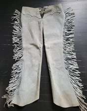 VINTAGE BLUE GRAY GENUINE SUEDE FRINGED WESTERN BIKER WOMENS CHAPS
