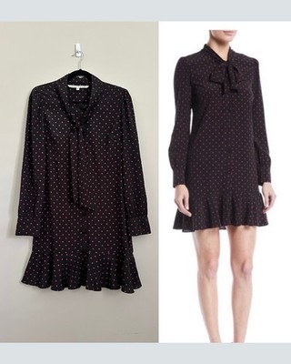 Veronica Beard Silk Polka Dot Tie Neck Mini Dress Black Pink Ruffle Hem Sz 10