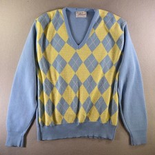 Vintage Pinnacle Argyle Sweater Blue Yellow V-Neck Orlon USA Pastel Grandma M