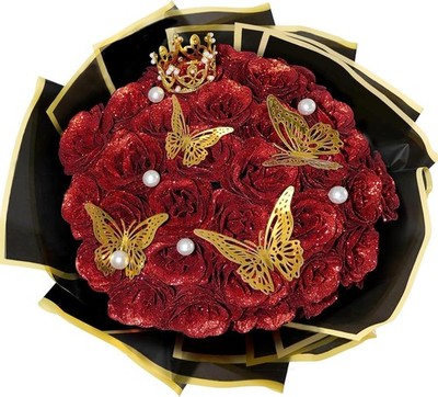 Red Glitter Roses Bouquet, 24 Pcs Shiny Glitter Flowers Bouquet, Everlasting Art