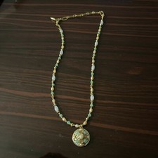 Designer Halskette Michal Golan vergoldet Süßwasserperlen Amazonit grün und Glas