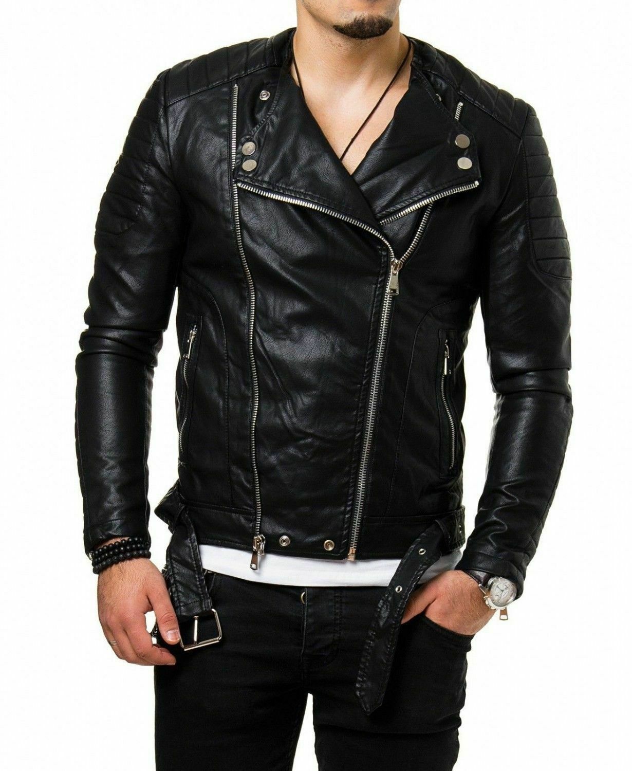 Chaqueta suave de cuero de cordero natural para hombre Chaqueta de motociclis...