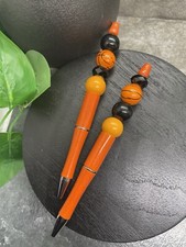 2 PC Handmade Wood Bead Rhinestone Black Ink Pen Set Basketball Sports B3438