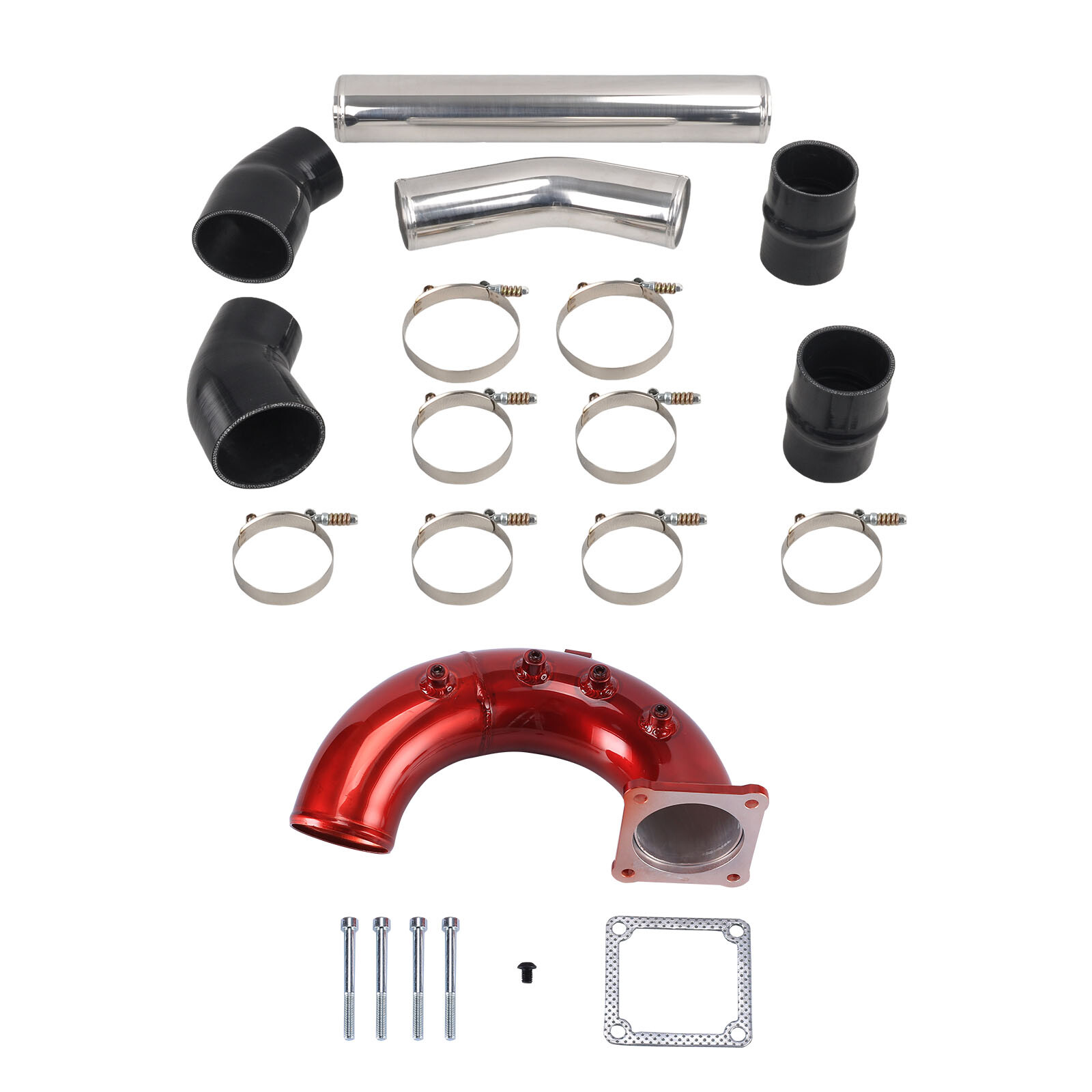 98-02 Dodge Ram 5.9L Polished Intercooler Pipe & Red Air Intake Elbow Kit