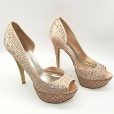 Bakers Womens Tan Fabric Peep Toe Showstopper Platform Pump Heels  8.5 M