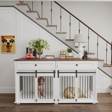 Wooden Dog Crate Furniture for Double Dog with 2 Drawers, Divider Sliding Door
