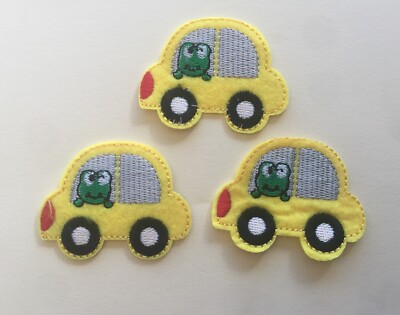 3er Set gelber Frosch Auto Bügelbild/Aufnähen voll bestickt Patch Applikationen Abzeichen