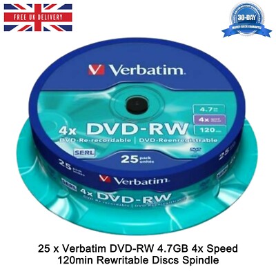 Verbatim DVD-RW 4.7GB 4x Speed 120min Rewritable Discs Spindle Pack 25 Brand New