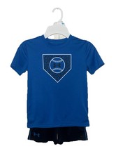 Under Armour Boys Set Blue T-Shirt Baseball Black Shorts 2 pc Size 6