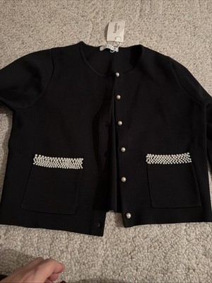 Sandro Cardigan Pearl Black Sz Large Knit