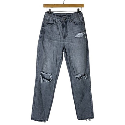 American Eagle Mom Jean Distressed High Rise Denim Grey Grunge Raw Hem Size 4
