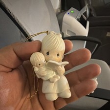 White Hanging Boy Figurine Ornament Holding Baby  Book, Religious Christmas