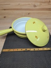 Vintage DRU Holland Yellow Tulip Enamel Cast Iron Skillet Pan w Lid MCM Dutch 8"