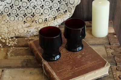 Vintage 1960s Water Glasses, Pair of 9oz. Anchor Hocking Georgian Royal Ruby Red