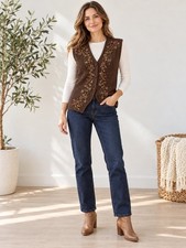 Embroidered Floral Knit Vest Brown Boho Beaded