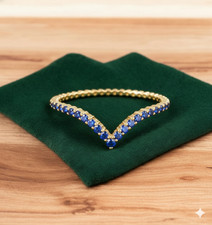 0.110 ct CZ Curved Wedding Band   Blue CZ V Shape Ring   Curved Bridal Band