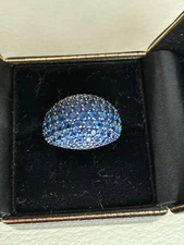 Diamonique Dome Sapphire Cluster Ring SZ  7, Sterling Silver, Blk Rhodium Plated