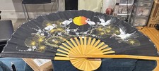 Large Bamboo Vintage Oriental Hand Painted Cranes 40  X 24  Wall Fan