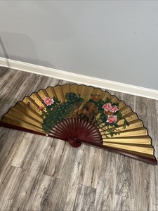 Vintage Traditional Chinese Sensu Folding Fan Wall Art Peacock 56" x 30"