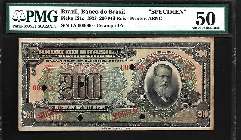 Brazil Specimen 200 Mil Reis 1923 PMG 50 P#121s PMG Population 1/9