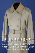 Vintage Burberrys Khaki Trench Coat 46L Nova Check Wool Liner Double Breasted