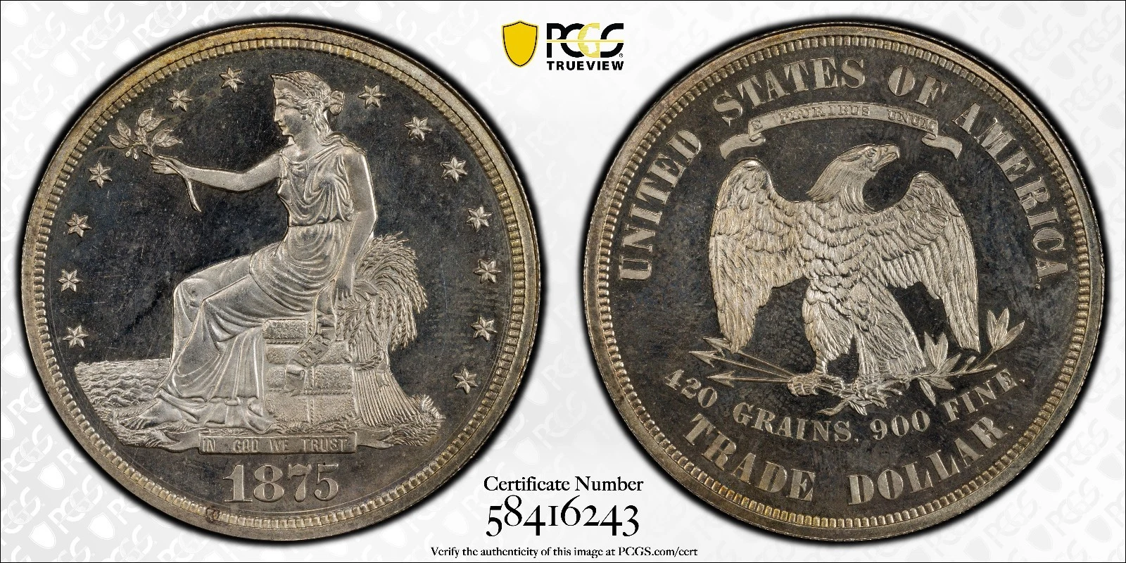 1875 Proof Trade Silver Dollar $1 PCGS PR64CAM (243)