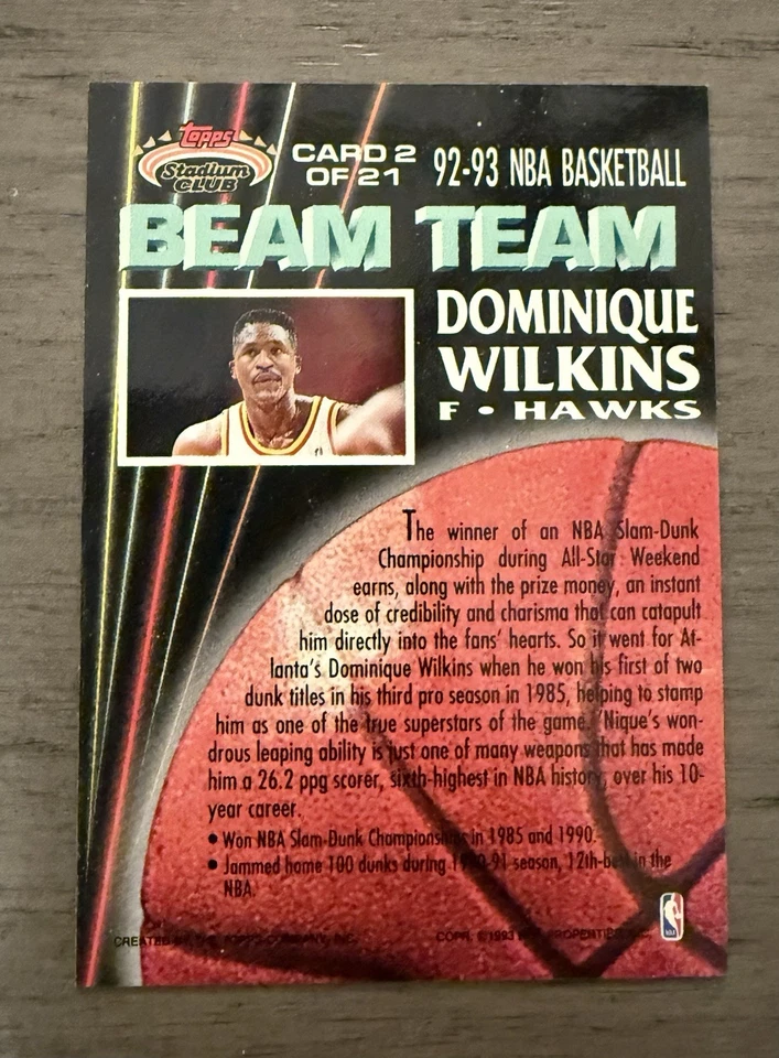 Tarjeta autógrafa 1992-93 Stadium Club Beam Team Dominique Wilkins 2 Auto Hawks NBA Foto 2 de 2