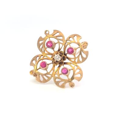 10K Victorian Ruby Diamond Floral Clover Pin/Brooch Yellow Gold