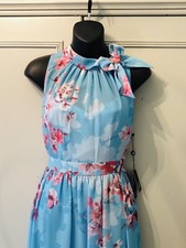 Adrianna Papell Floral Chiffon Tie Neck Aqua Multi Colour Dress UK 12 BNWT