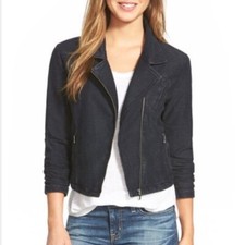 Nic+zoe Dark Blue Indigo Denim Moto Biker Jacket Stretchy Zip Pockets Chic Large