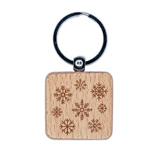 Scattered Snowflakes Winter Engraved Wood Square Keychain Tag Charm