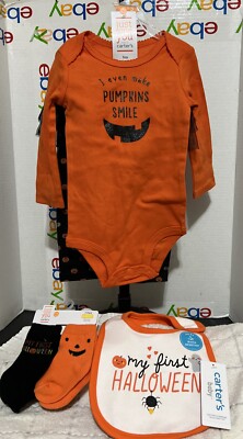 Carters  Girls 9M Halloween Pumpkins Smile Bodysuit & Tutu Leggings & Socks &Bib