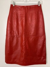 Vintage 1980s INVESTMENTS Red 100 Genuine Leather Knee Length A-Line Skirt Sz 8