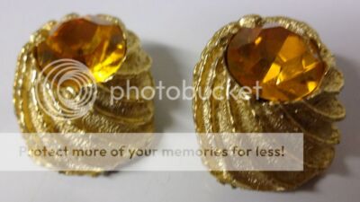 Vintage Haute Couture Yellow Aber Glass Rhinestone Gold Tone Clip On Earrings