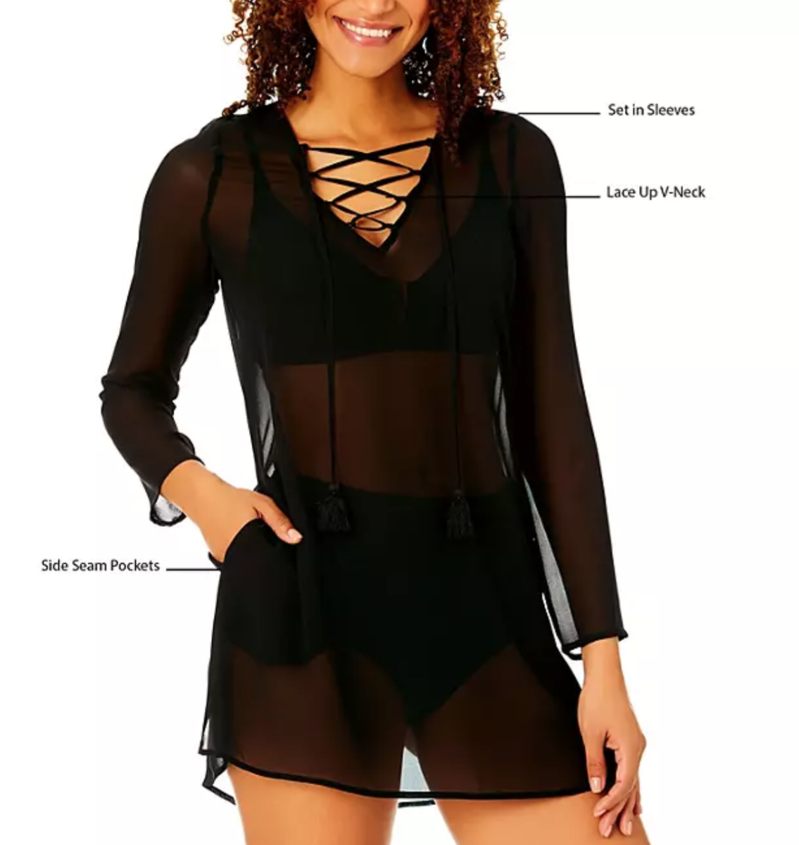 Anne Cole Ladies V-Neck Lace Up Side Pockets Machine Washable Swim Cover-Up (Black, Xl/xxl)