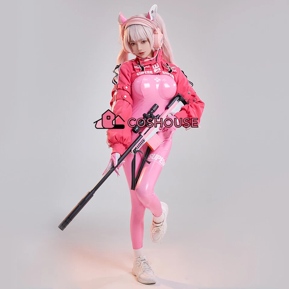 Women's Game Cosplay Costume Pink Bodysuit Set with Short Coat and Gloves - Image 2 of 4