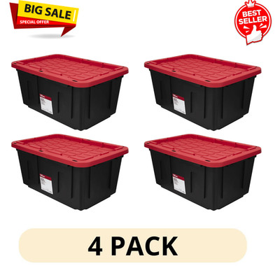 (4Pack)Hyper Tough 27 Gallon Storage Bin Snap Lid Black Red Heavy Duty Container