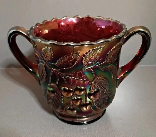 Antique Millersburg  Glass Co Amethyst Carnival Glass "Hanging Cherries" Spooner