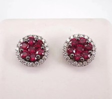 Lab-Created Red Ruby 2.5Ct Round Cut Cluster Stud Earrings 14K White Gold Plated