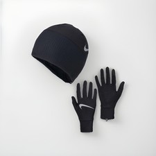 Nike Essentials Mens Running Hat And Glove Set Black Reflective Fleece Size S/M
