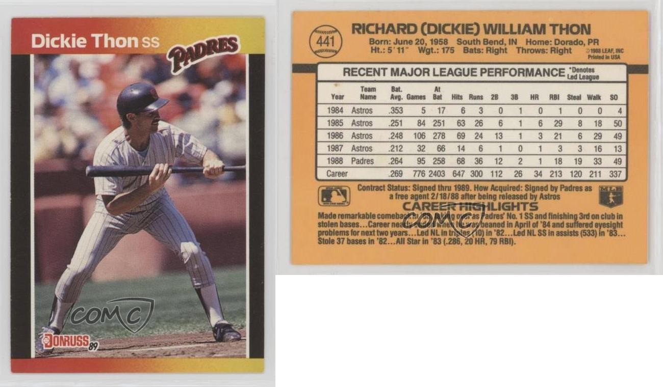 1989 Donruss Dickie Thon (*Denotes on Back) #441 0w8 | eBay